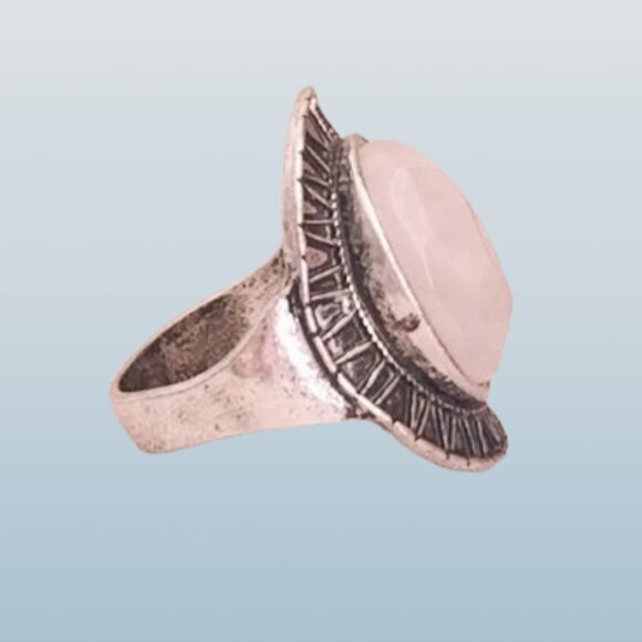 VINTAGE Oval Cabochon-Cut Rose Quartz Gem Silver Ring - Picture 2 of 5
